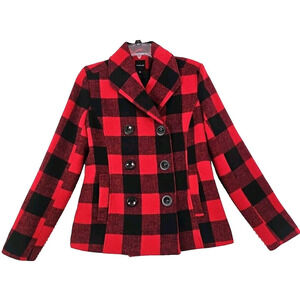 Rampage ~Woman Size M~ Scarlet Red/Caviar Plaid Buffalo Check Pea Coat Jacket.